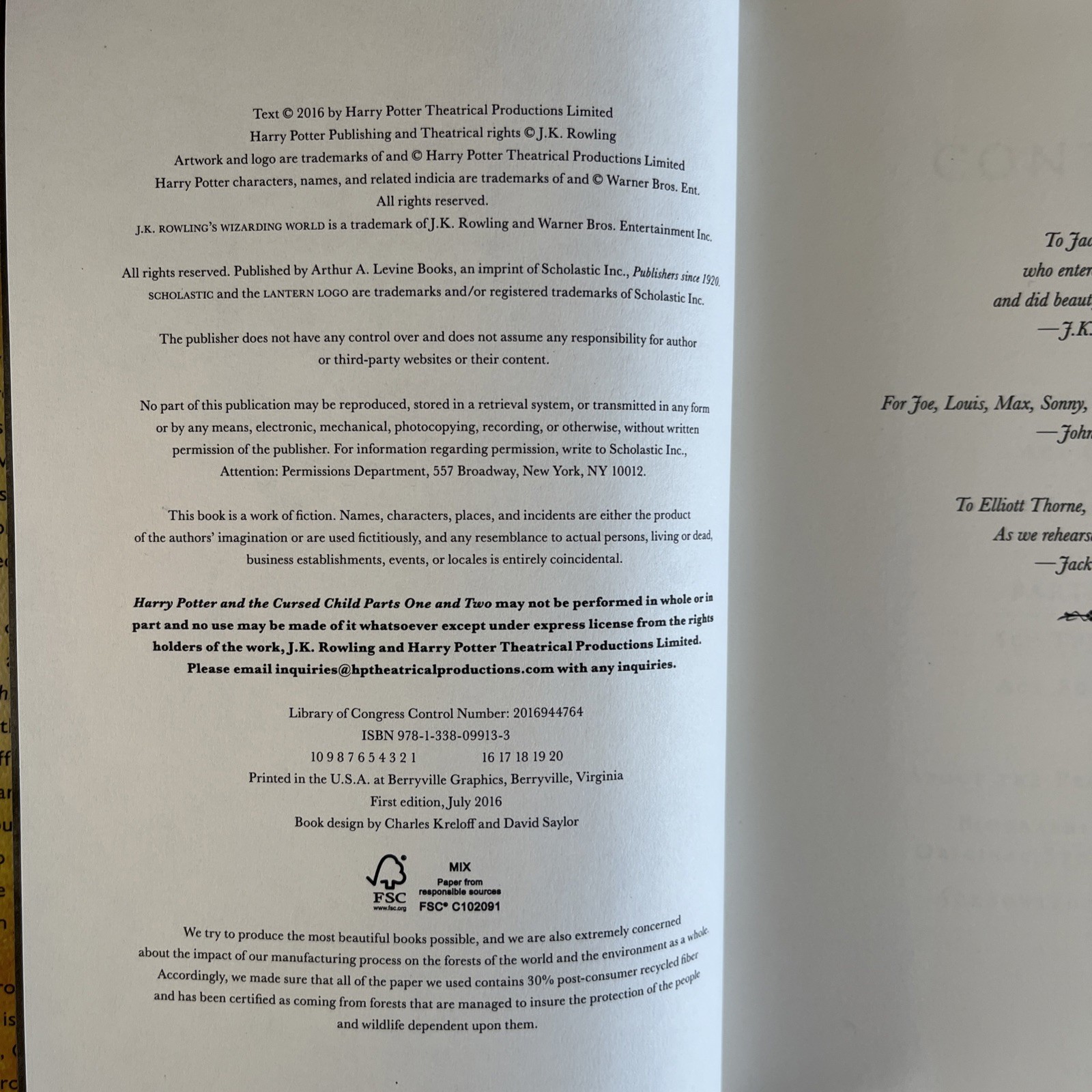Harry Potter and the Cursed Child – Parts One & Two: The Official Script 1st Ed