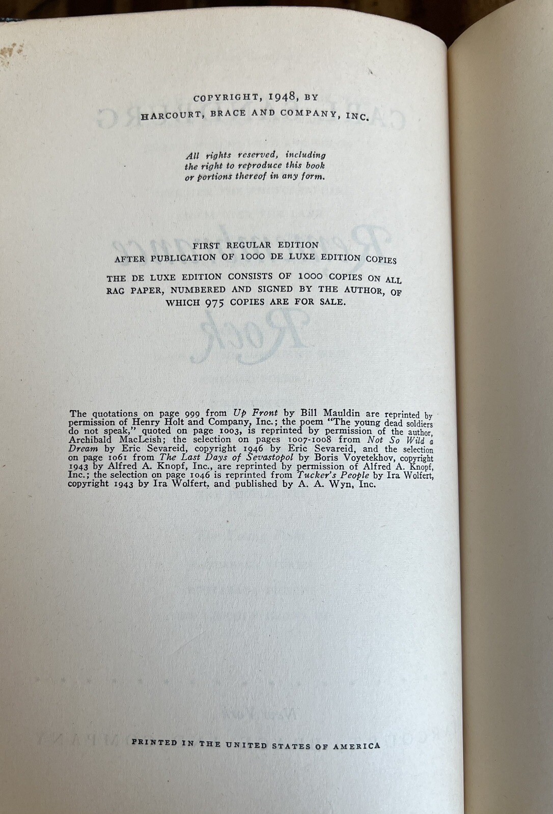 Remembrance Rock Carl Sandburg 1948 HC First Regular Edition