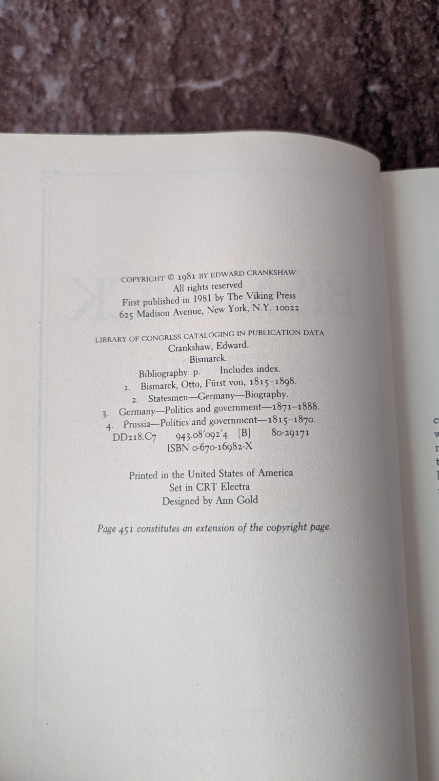 Bismarck by Edward Crankshaw (HC, Dust Jacket, Viking Press, 1981)