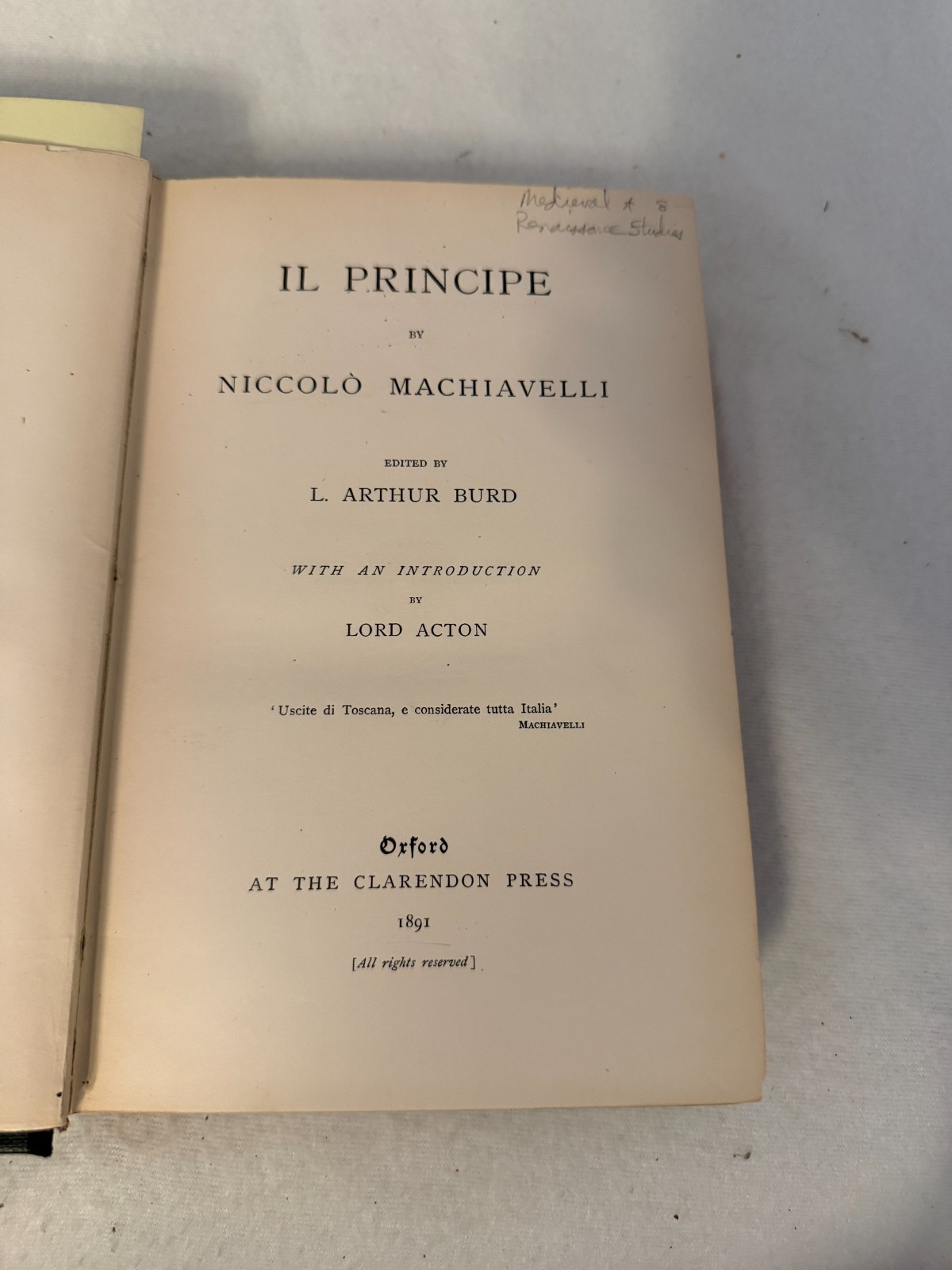 IL PRINCIPE Niccolo Machiavelli HC 1891 Oxford Clarendon Press VG