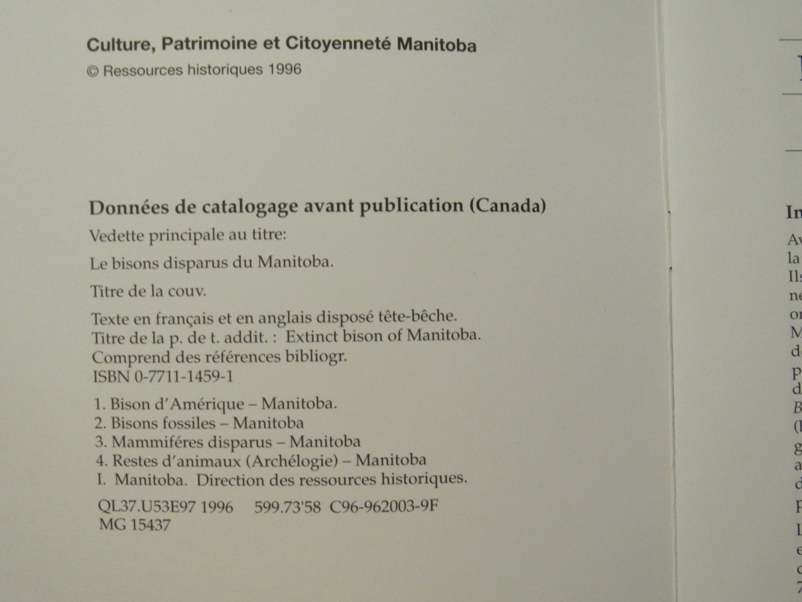 EXTINCT BISON OF MANITOBA – In English & French – 20 pages – 1996 – Canada
