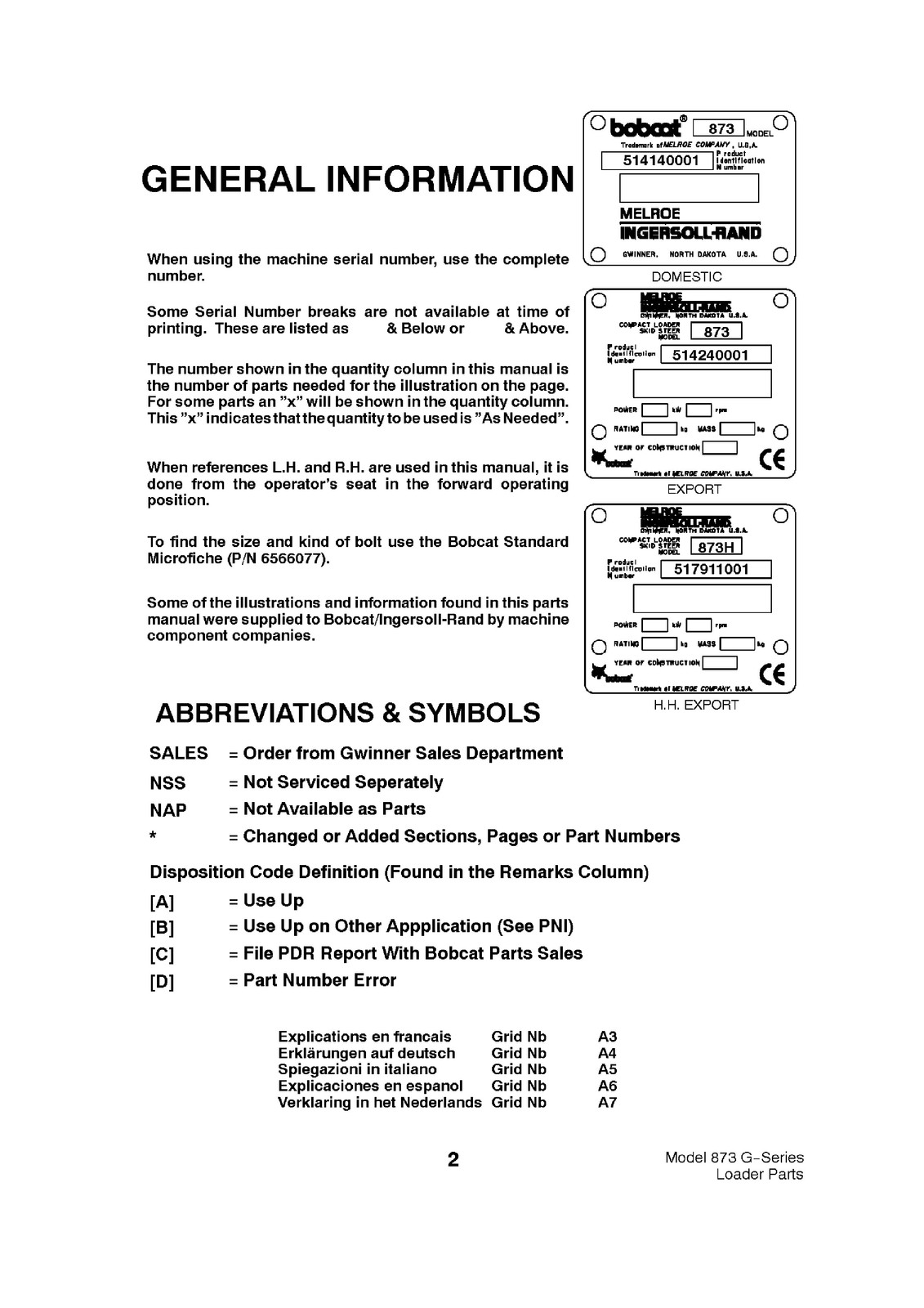 BOBCAT 873 G Series Parts Manual SN 514140001 514240001 517911001 Up – BOUND