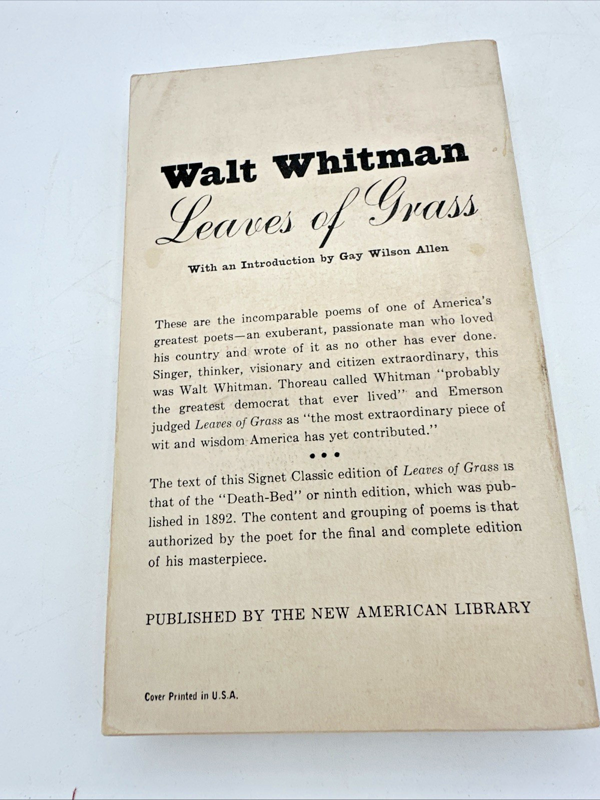 Walt Whitman Leaves of Grass A Signet Classic CT23 10th Printing Poetry