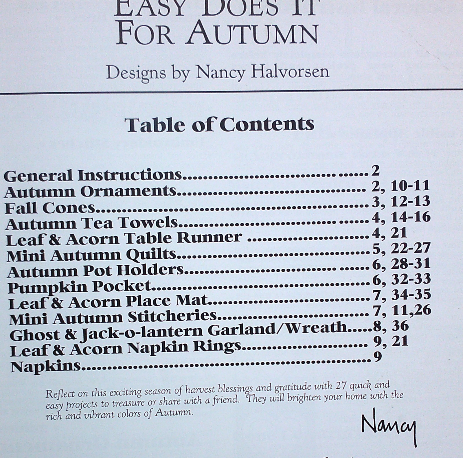 Art To Heart Easy Does It For AUTUMN Nancy Halvorsen Pattern Book