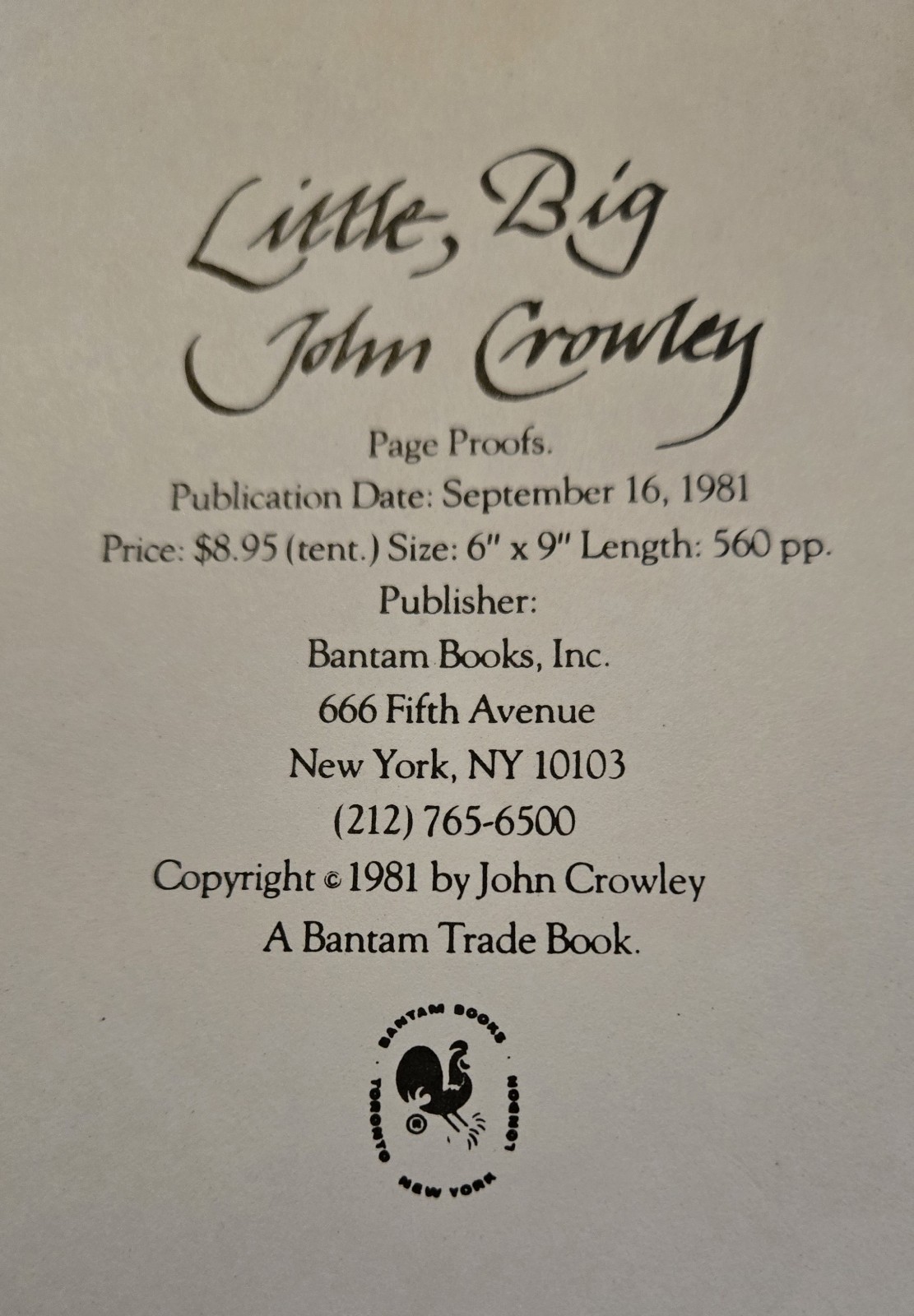 UNCORRECTED PROOF Little Big John Crowley 1981 with letter from Bantam Books ARC