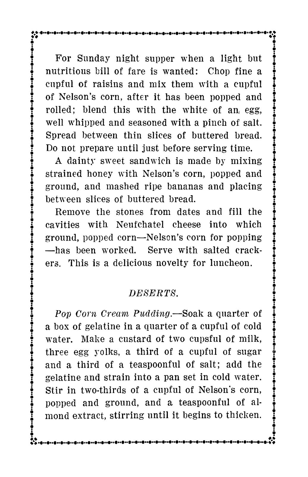 1916 Nelson’s Pop Corn Recipes Cook Book 18 Pages