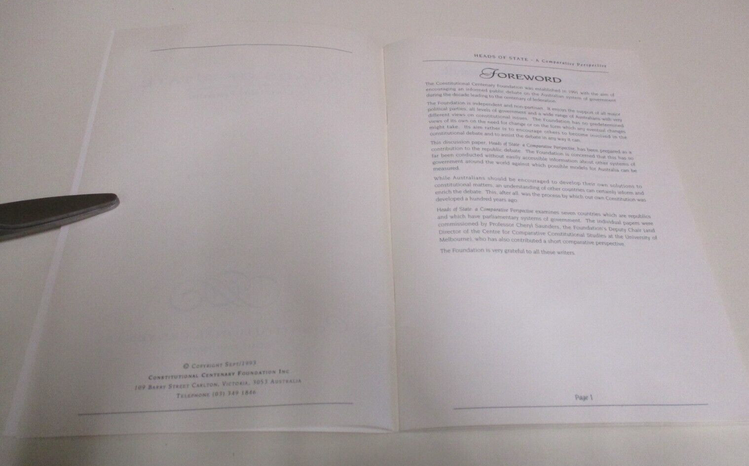 Heads of State – Constitutional Centenary Foundation Australia – 58 Pages – 1993