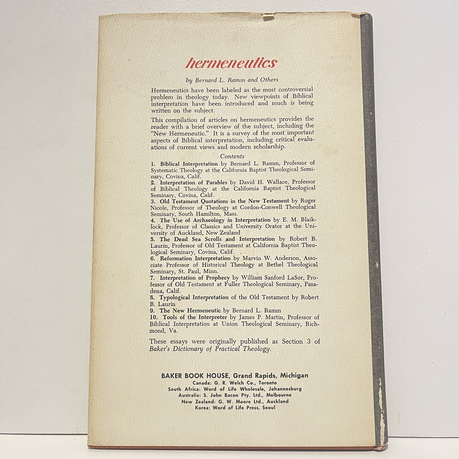 Louis Berkhof Principles of Biblical Interpretation Hardcover Baker Book House