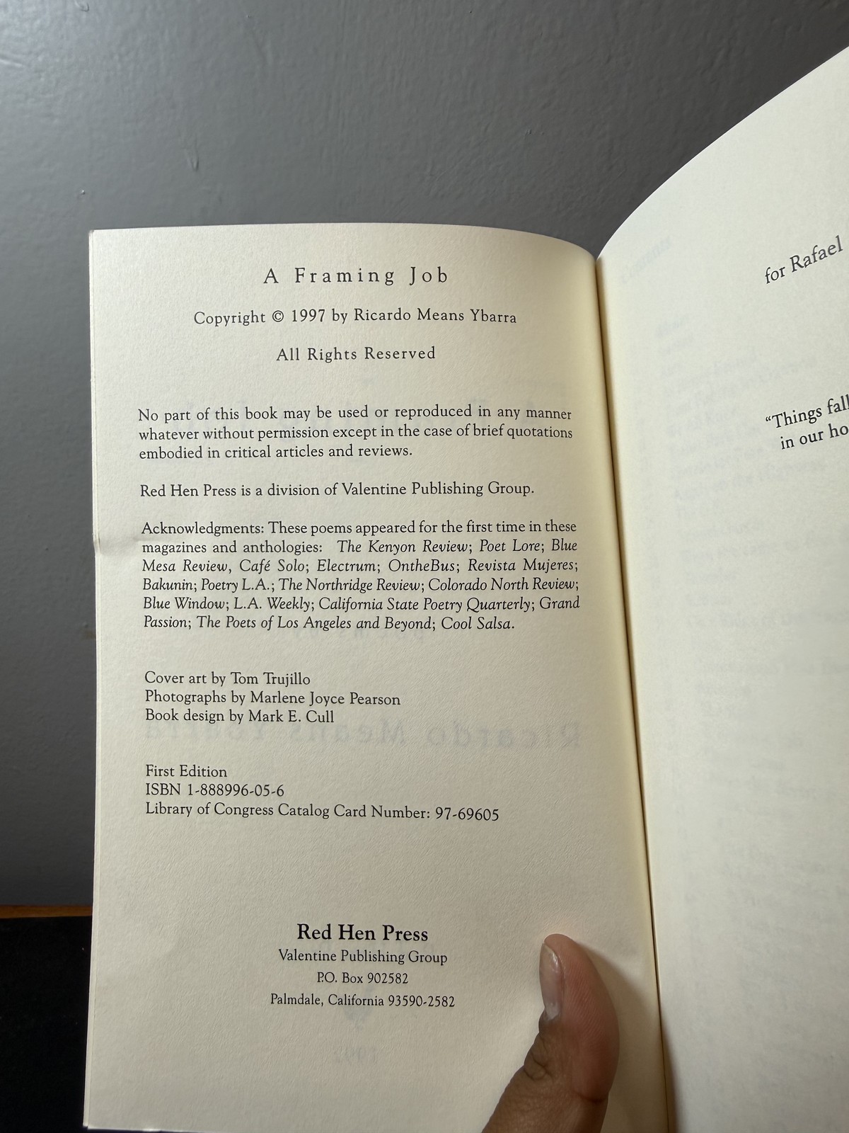 A Framing Job Poems by Ricardo Means Ybarra Red Hen Press 1997 First Edition
