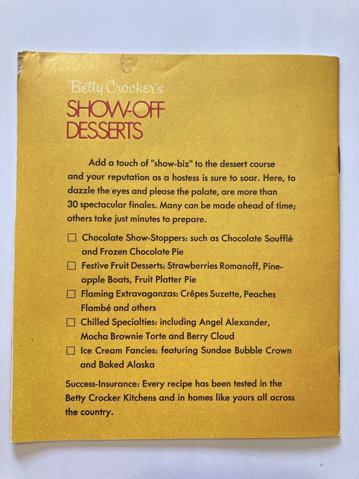 1970 Betty Crocker’s Show-Off Desserts Cookbook Pamphlet Ill Binnie Weissleder