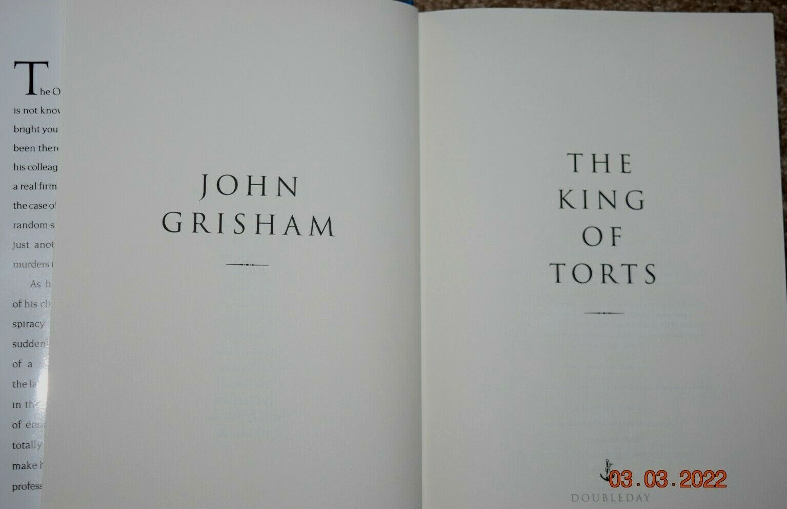 “THE KING OF TORTS,” Book By John Grisham, 1st Edition, 376 Pages, New, (c) 2003