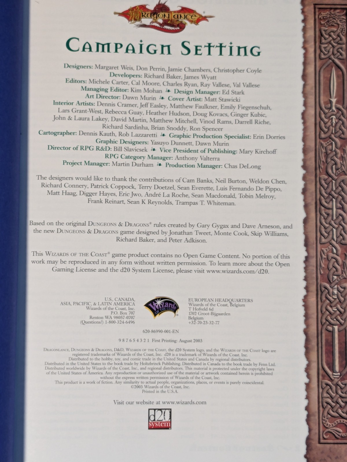 Dragonlance Campaign Setting, Dungeons and Dragons 3E Hardcover 2003 First Print