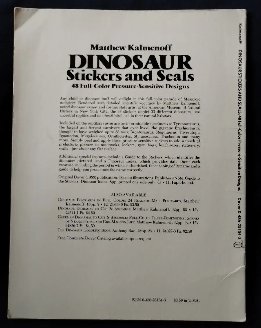 Vintage 1986 48 Full Color Dinosaur Stickers & Seals Kalmenoff Complete FASTSHIP