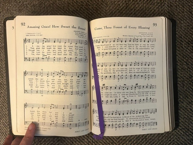 1966 The Methodist Hymnal – black soft leather, gold leaf, purple ribbon