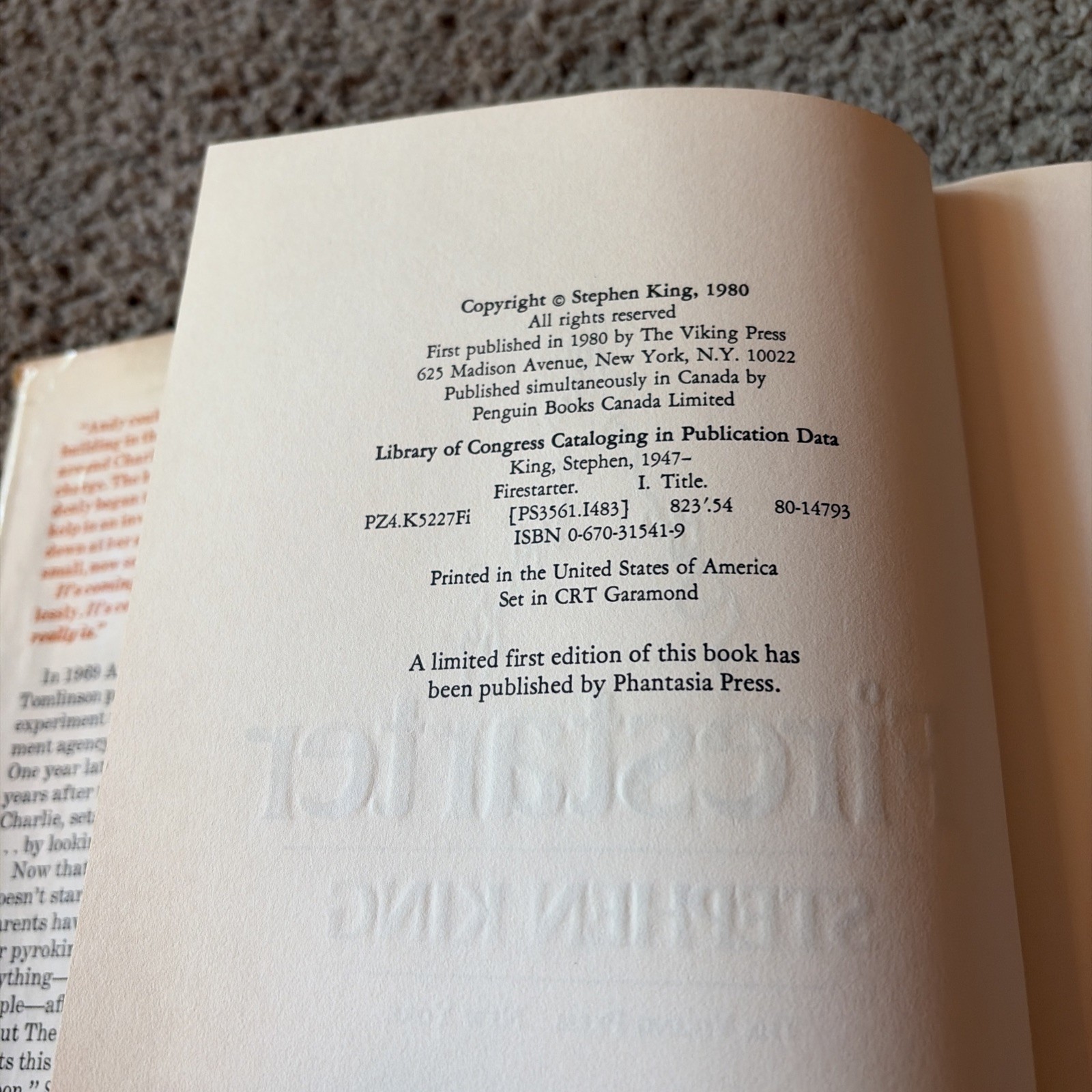 Firestarter Stephen King First Edition HCDJ 1980 Viking Press $13.95 DJ