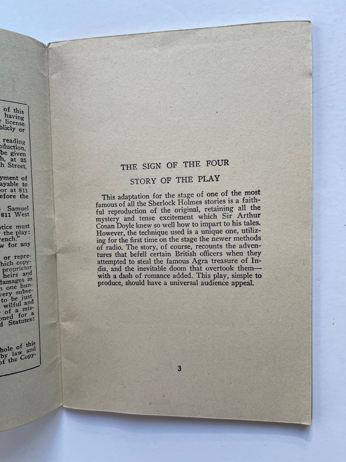 THE SIGN of FOUR Sherlock Holmes adventure ~ one act play 1937 Samuel French
