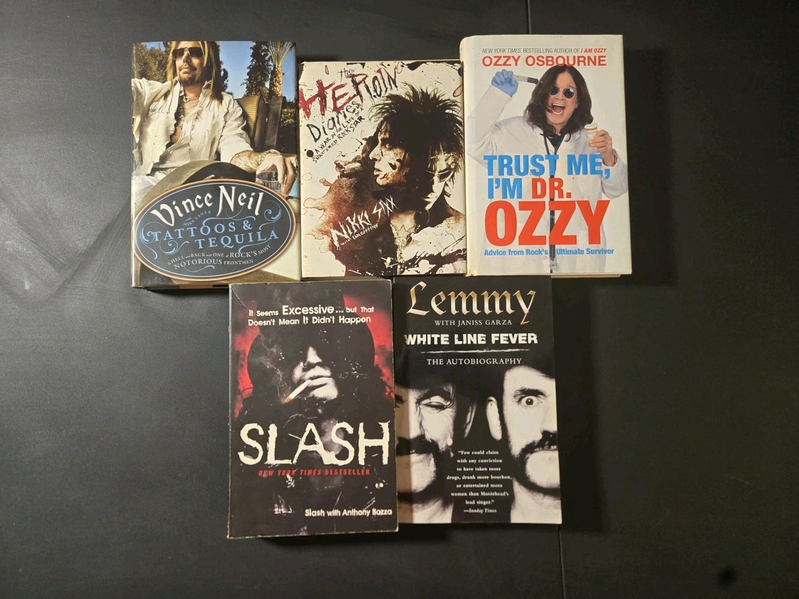 Lot of 5 Rock musician autobiography books Lemmy, Slash, Nikki Sixx, Vince Neil