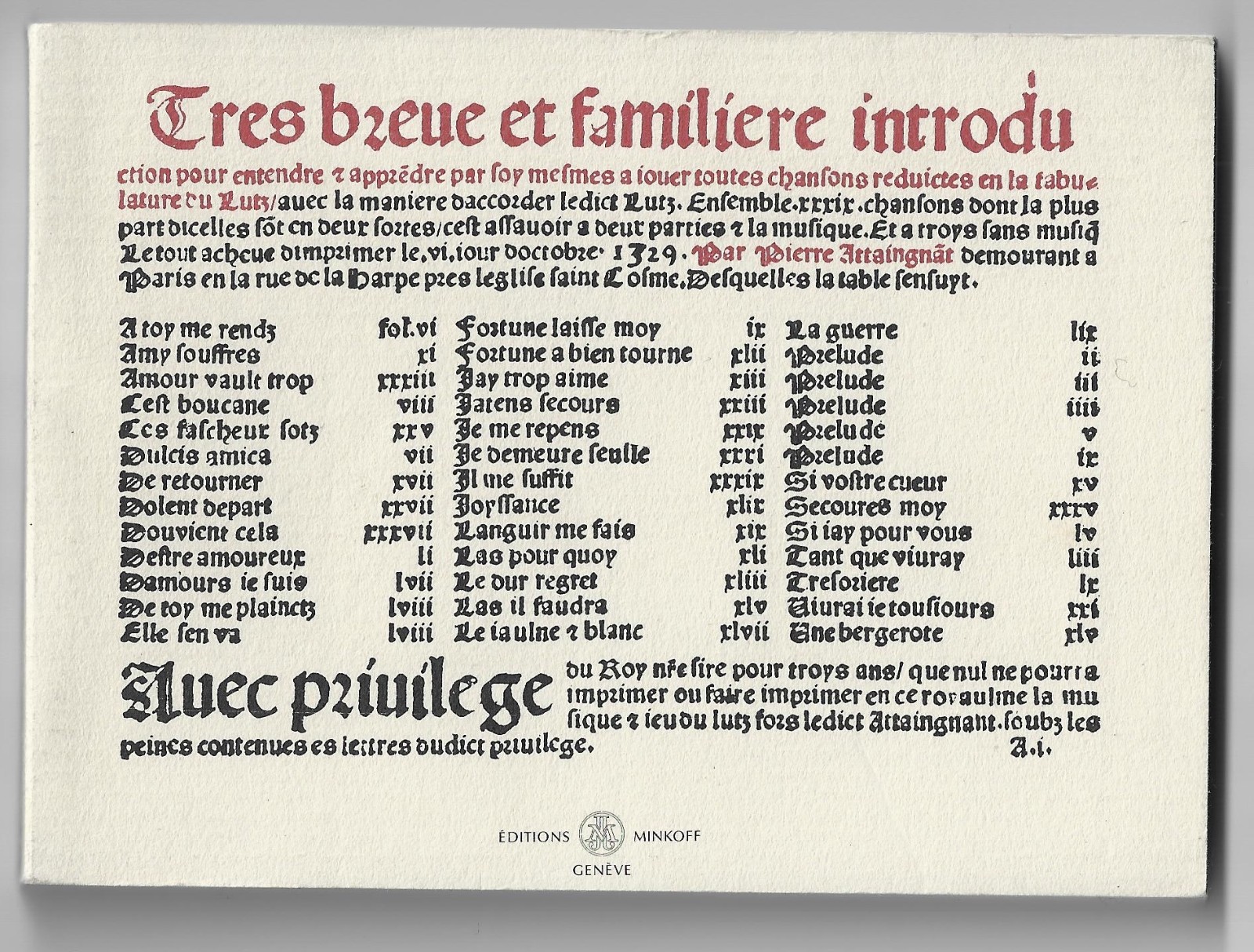 Lute Pierre Attaingnant Minkoff Genève Facsimile Early Music Tabulature Tablatur