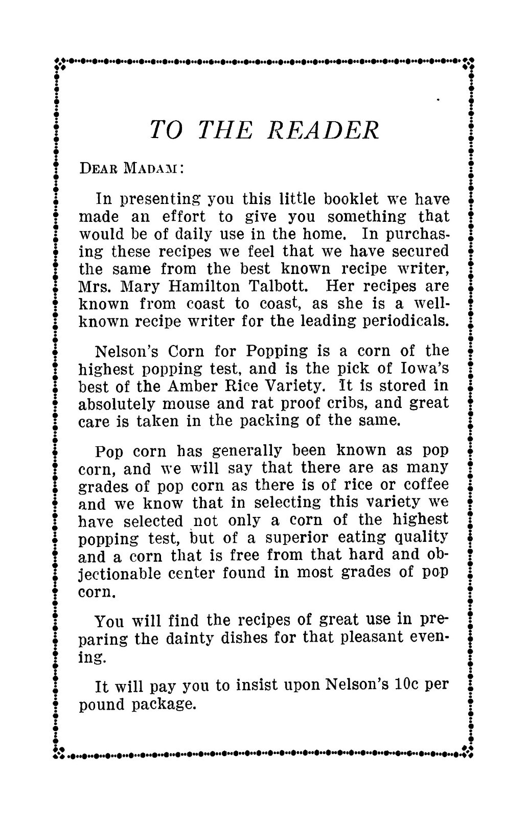 1916 Nelson’s Pop Corn Recipes Cook Book 18 Pages