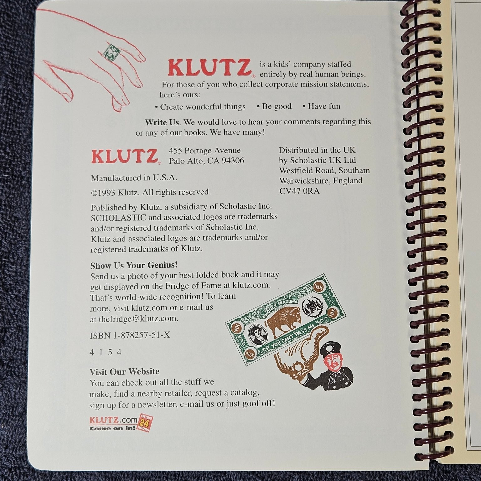 The Buck Book Anne Akers Johnson 1993 Klutz Dollar Bill Origami Craft Activity