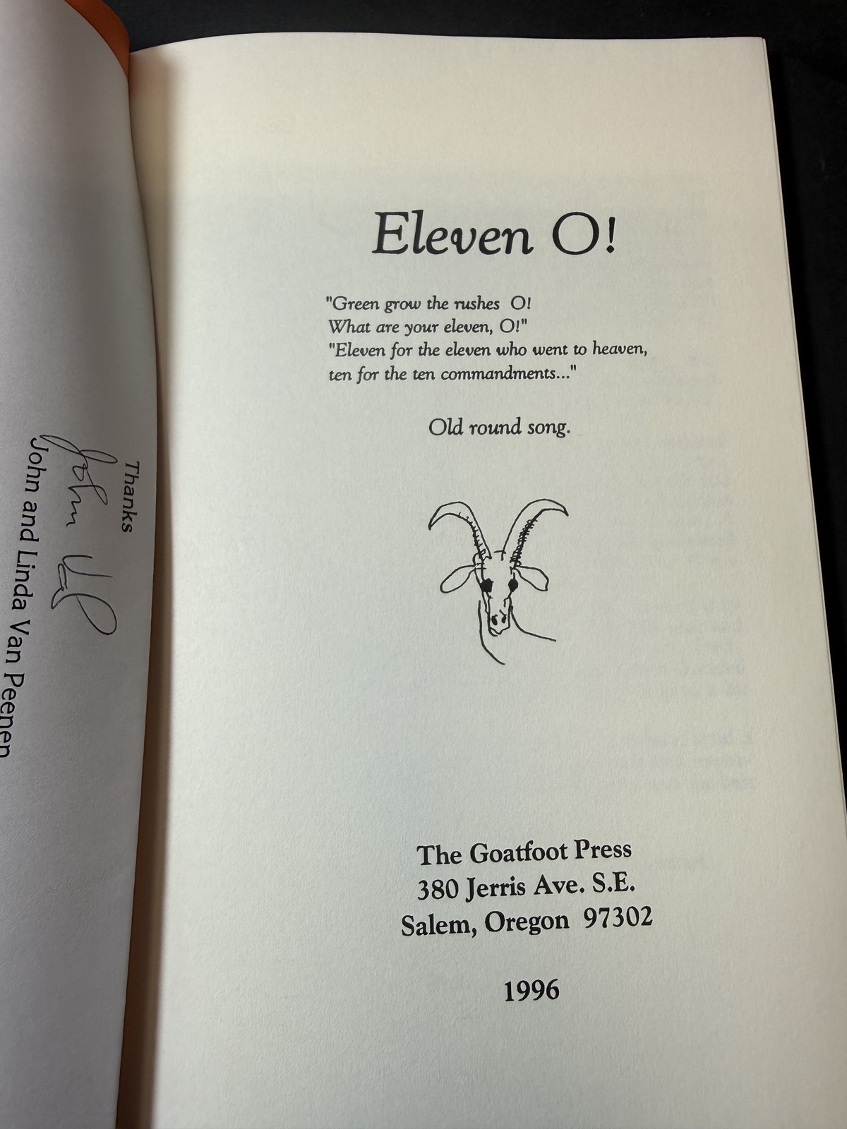 Eleven O! First Edition First Printing 1996 Goatfoot Press Poetry Folklore