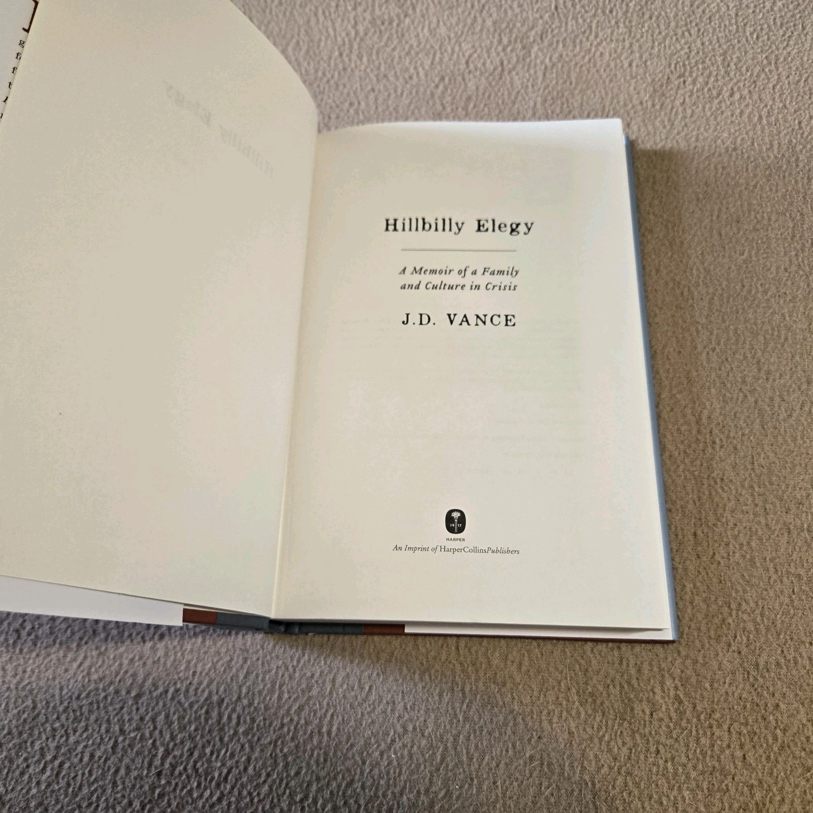 Hillbilly Elegy, J.D. Vance, 1st Edition/3rd Printing, 2016, HC/DJ