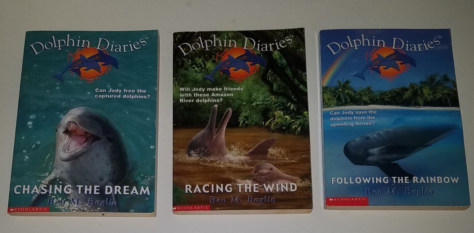 3 Dolphin Diaries Paperback Book Lot Ben M Baglio 5 6 7 Chasing Following Racing