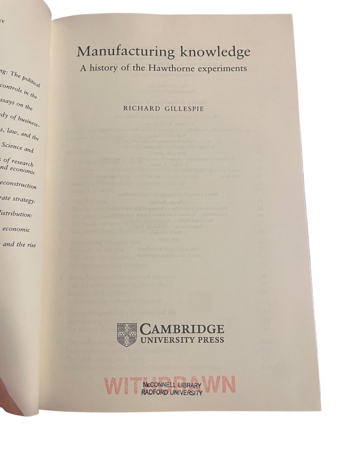 Manufacturing Knowledge Gillespie 1991 First Paperback Hawthorne Experiments