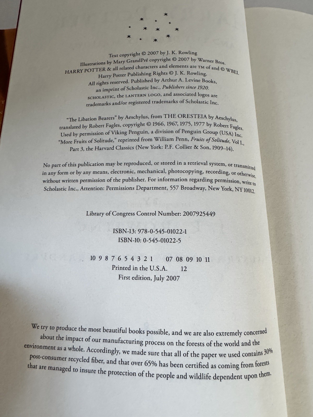 Harry Potter -the DEATHLY HALLOWS First Print Edition Hardcover – Error 759