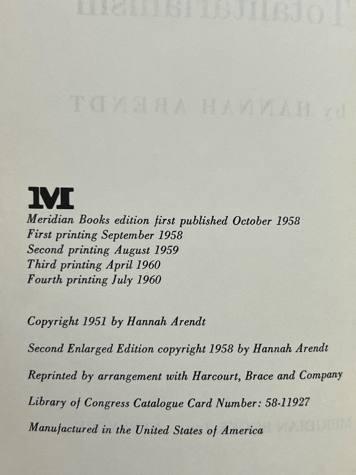 The Origins of Totalitarianism Hannah Arendt Fourth Printing 1960 PB Used Book