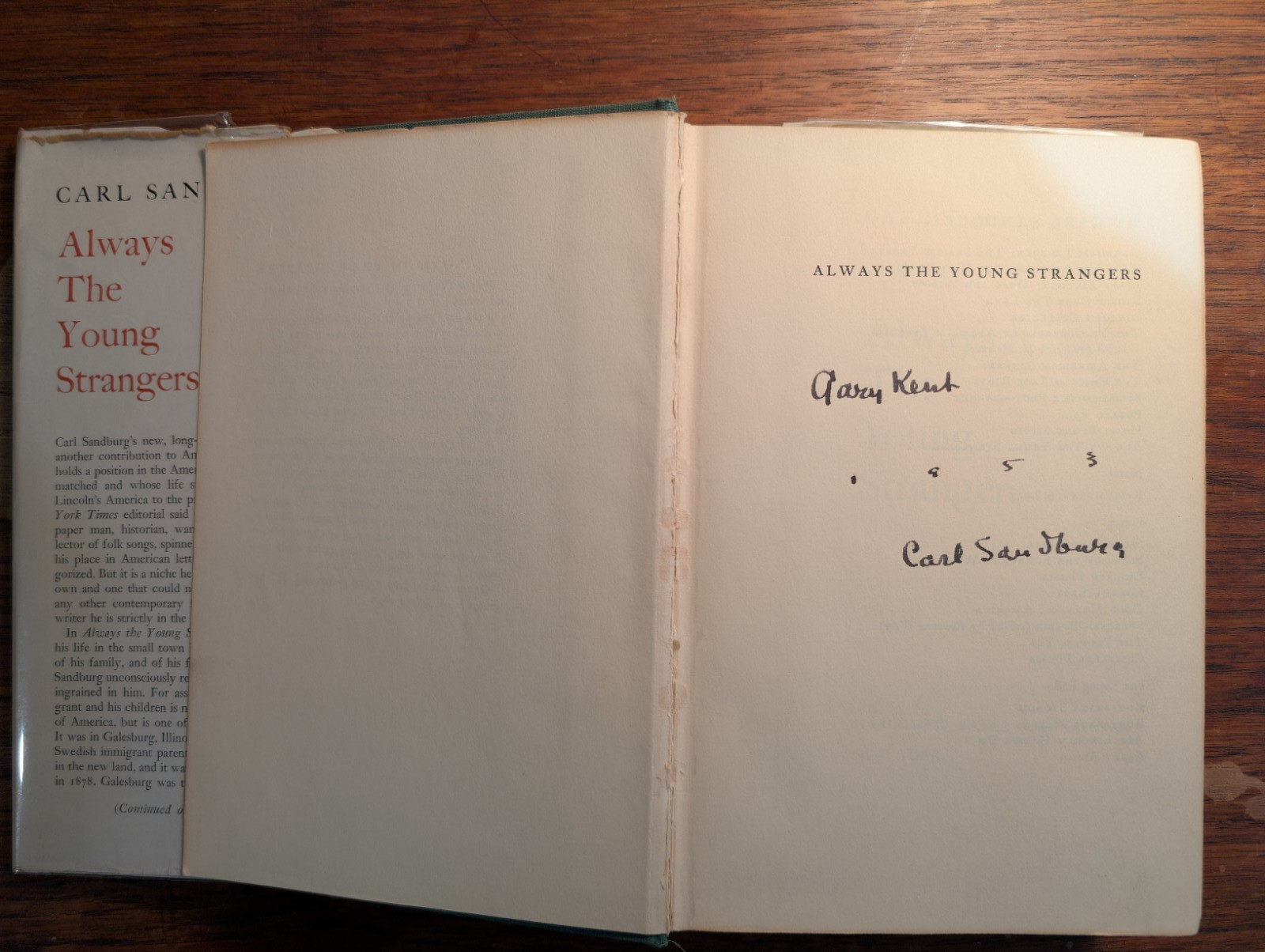 Always the Young Strangers Carl Sandburg 1953 HC/DJ Harcourt Brace SIGNED