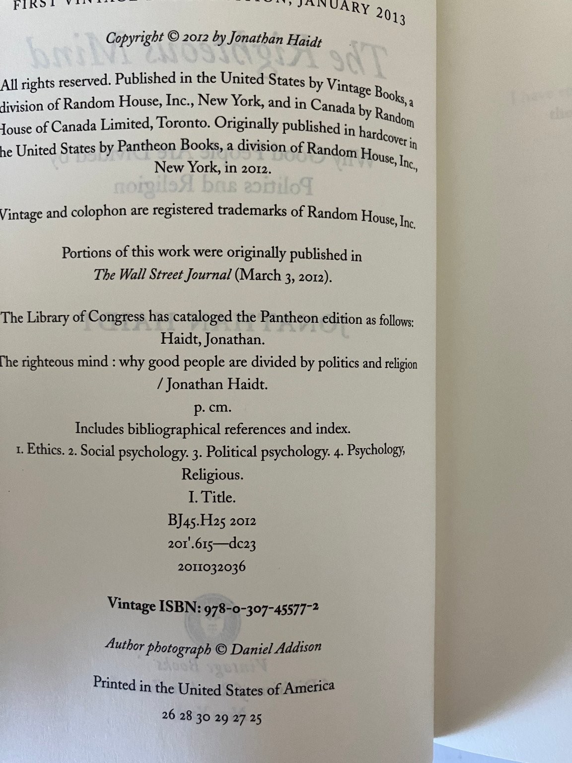 The Righteous Mind Jonathan Haidt 2012 Vintage Books Psychology Philosophy PB