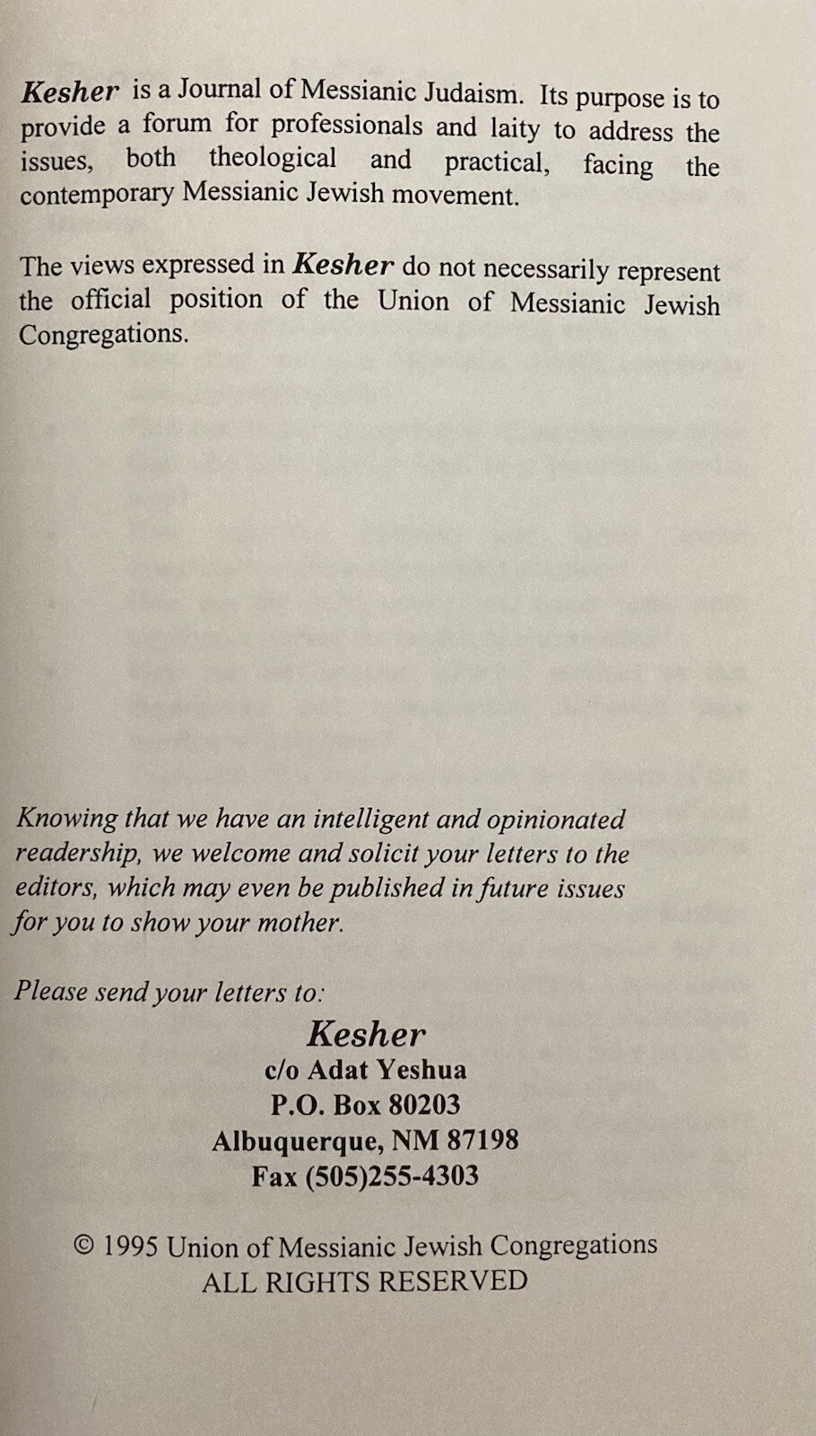 Kesher: A Journal of Messianic Judaism Issue 3 1995-1996 Worship