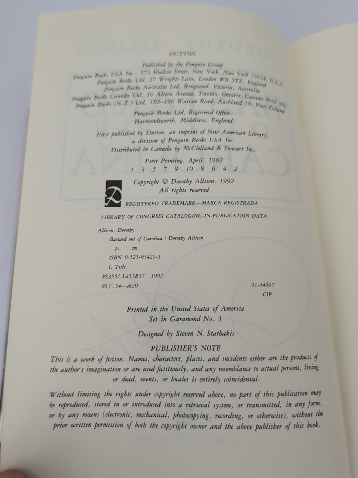 BASTARD OUT OF CAROLINA 1st Ed. 1st Print Signed by Dorothy Allison 1992