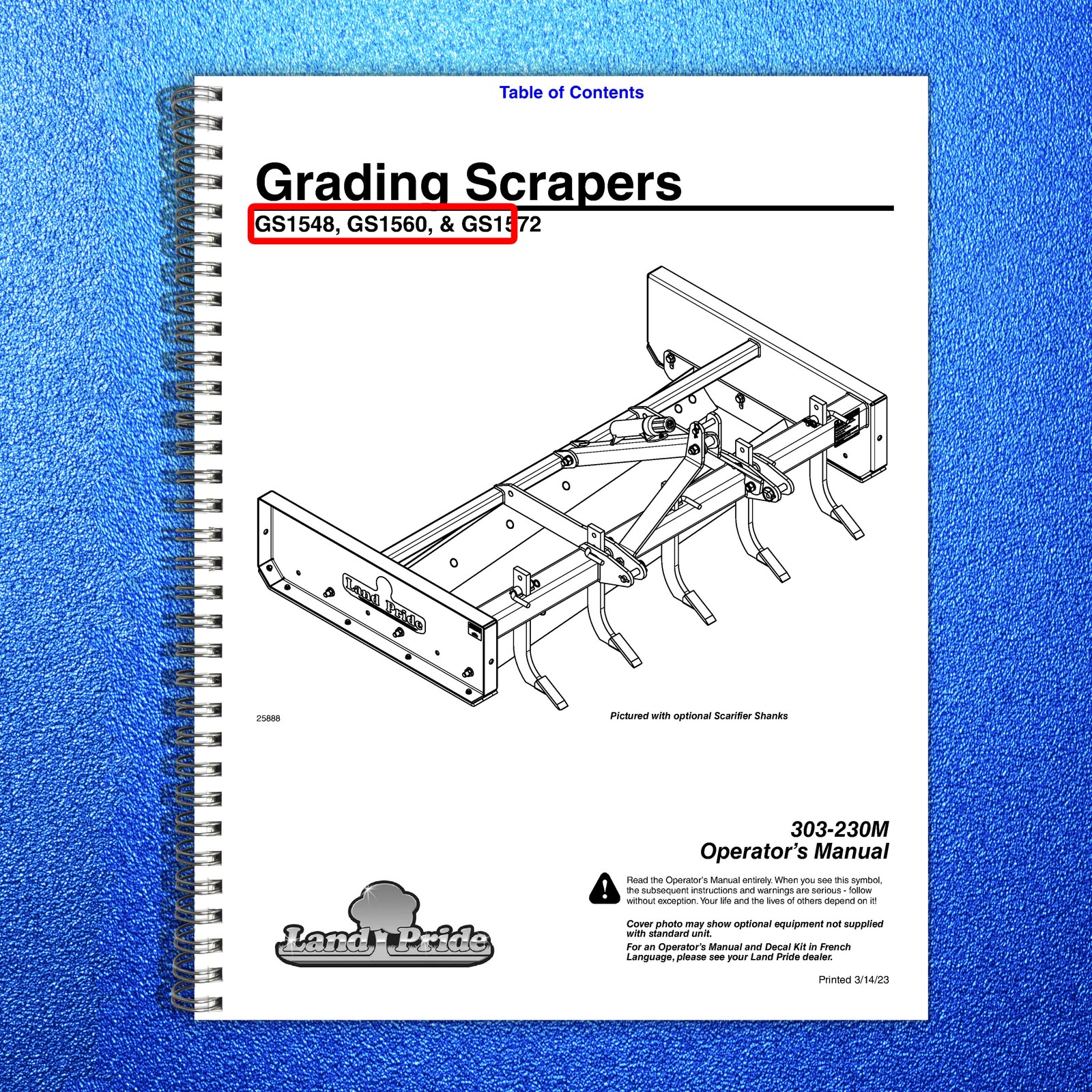 LAND PRIDE GS15 Series Grading Scrapers Operators Manual – WIRE BOUND – COVERS