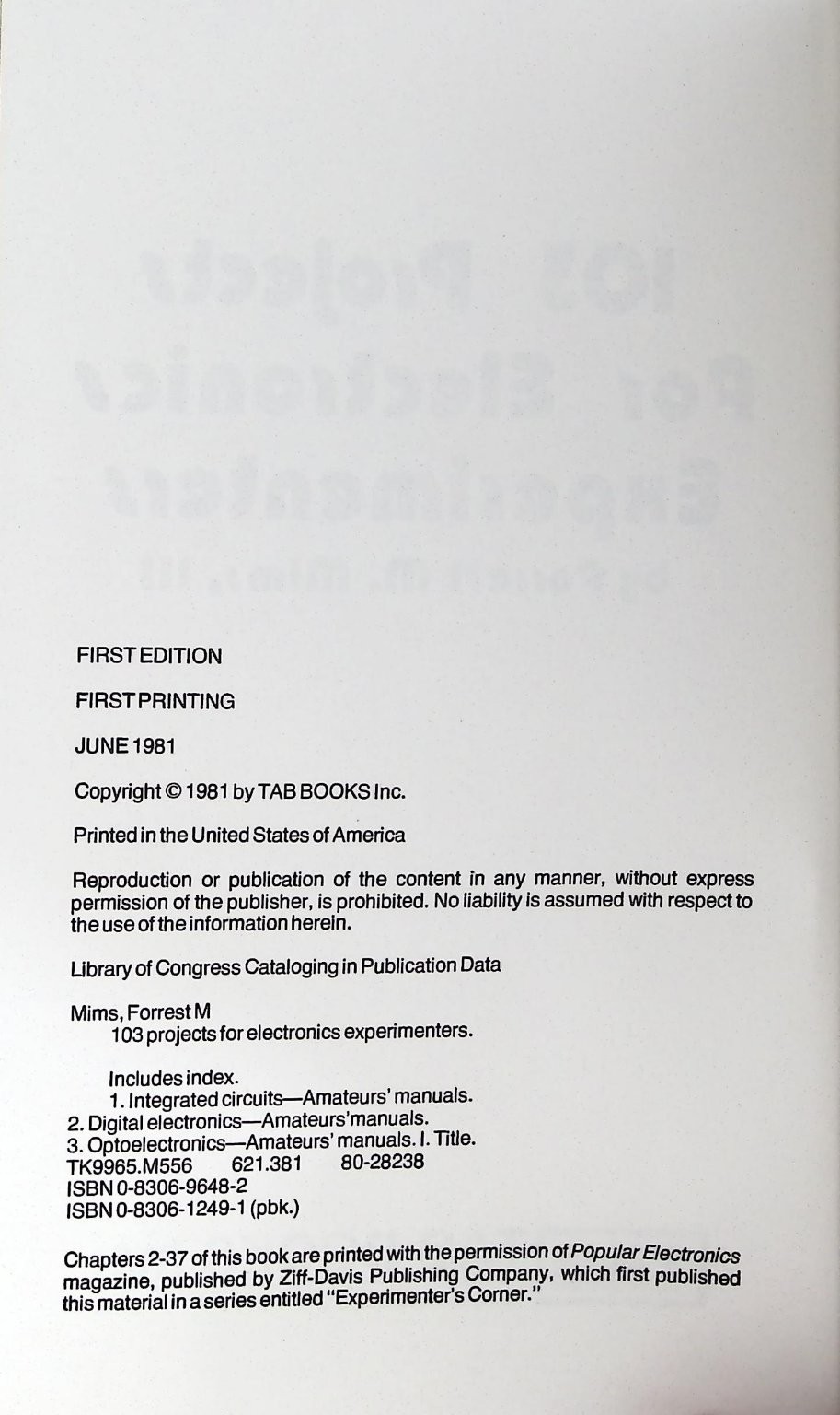 103 Projects for Electronics Experimenters Mims 1981 1st Ed TAB BOOKS DIY