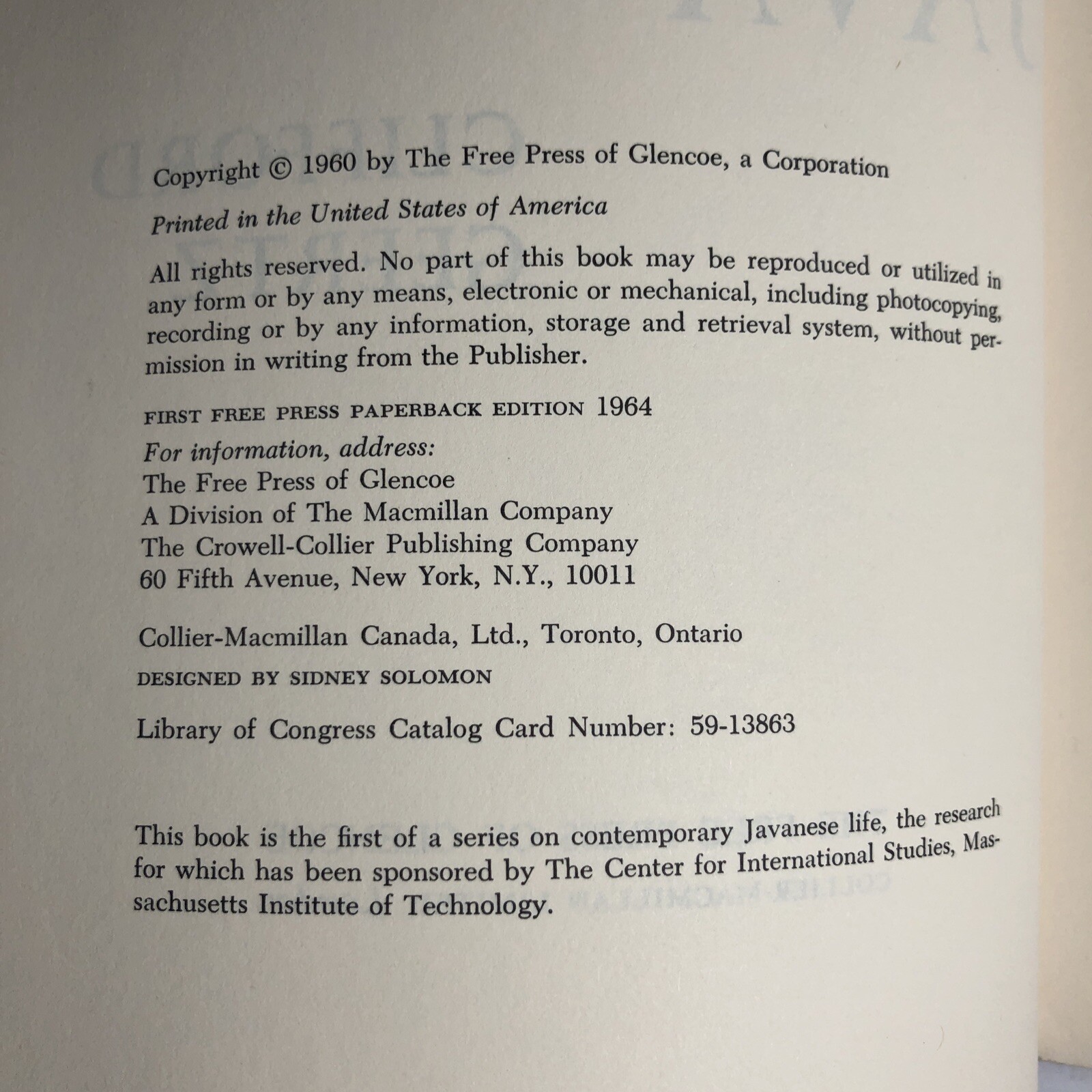 The Religion of Java by Clifford Geertz 1st Free Press Paperback Edition 1964