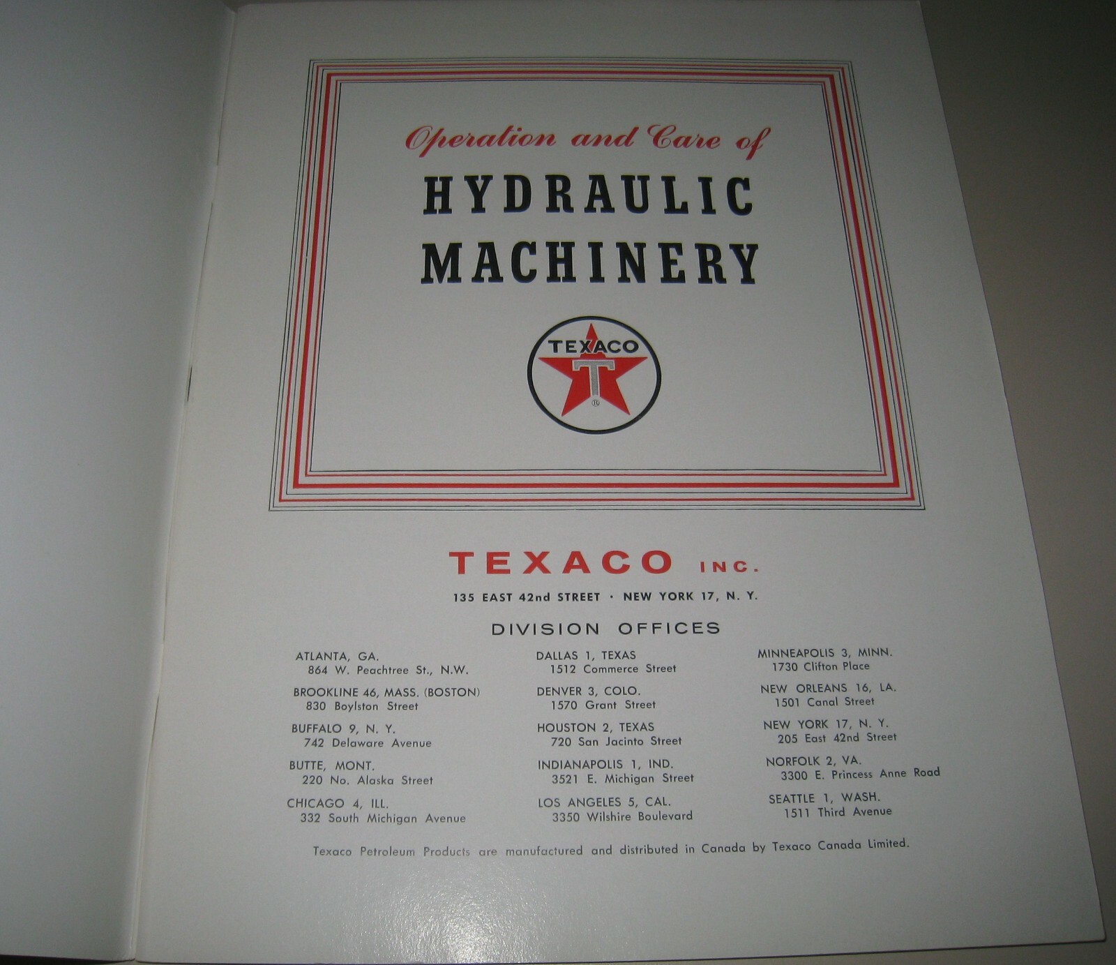 Operation Care of Hydraulic Machinery The Texas Company Texaco Engineering NICE