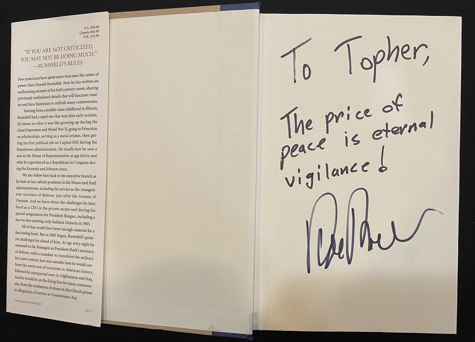 SIGNED “Known And Unknown” by Donald Rumsfeld – 1st/1st – Stash Book!