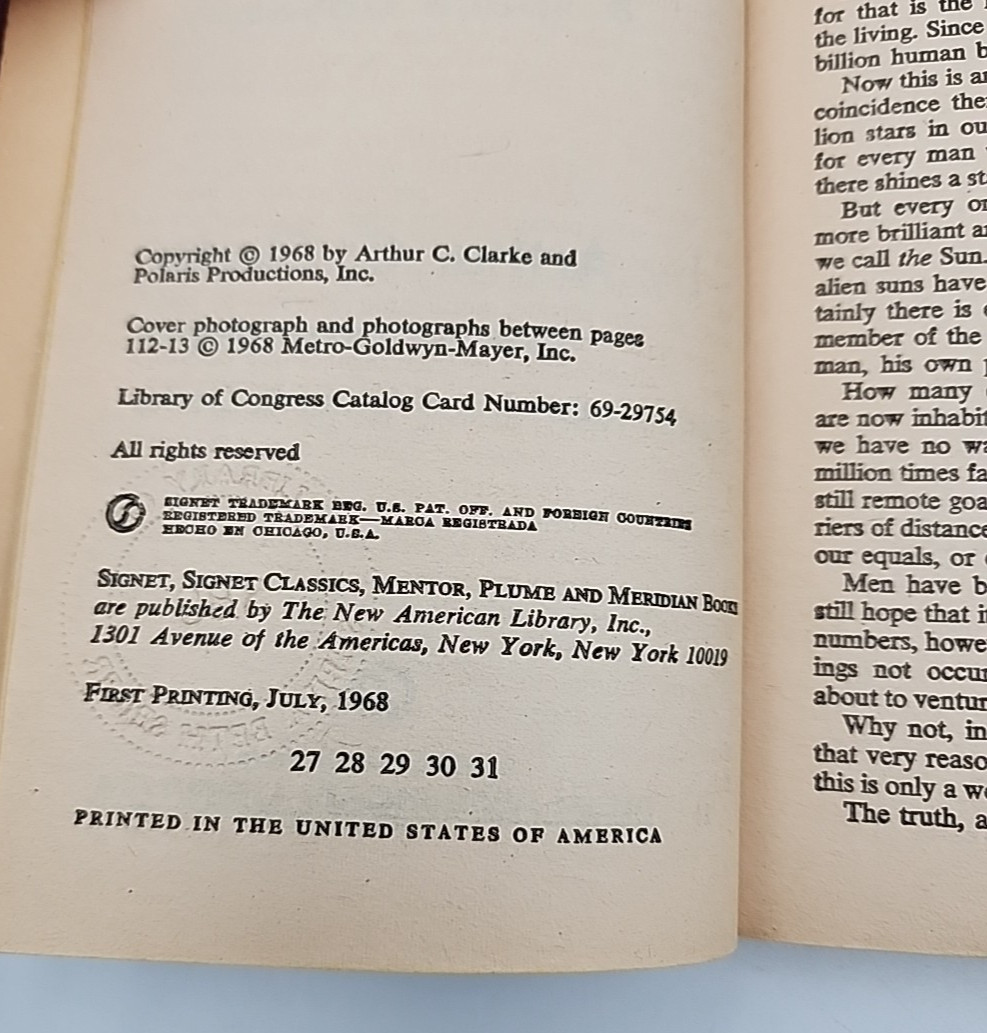 1st edition 1st print July 1968 2001: A Space Odyssey Arthur C. Clarke Signet