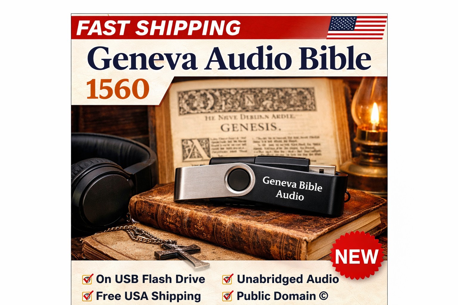 Geneva Bible Audio (1560) Public Domain | USB Flash Drive | CC0