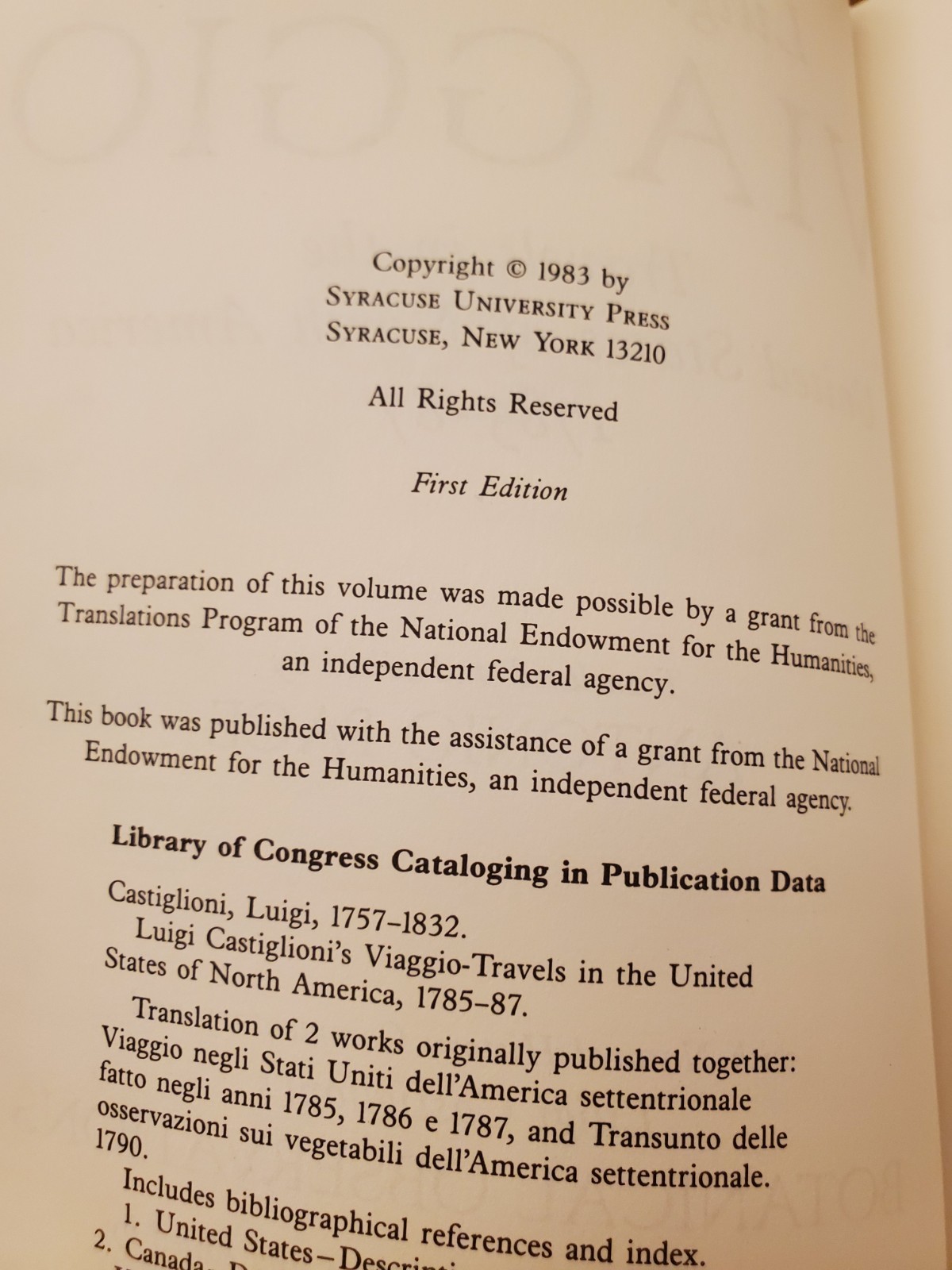 Luigi Castiglioni’s Viaggio – Travels in the U.S. of A. 1785-87