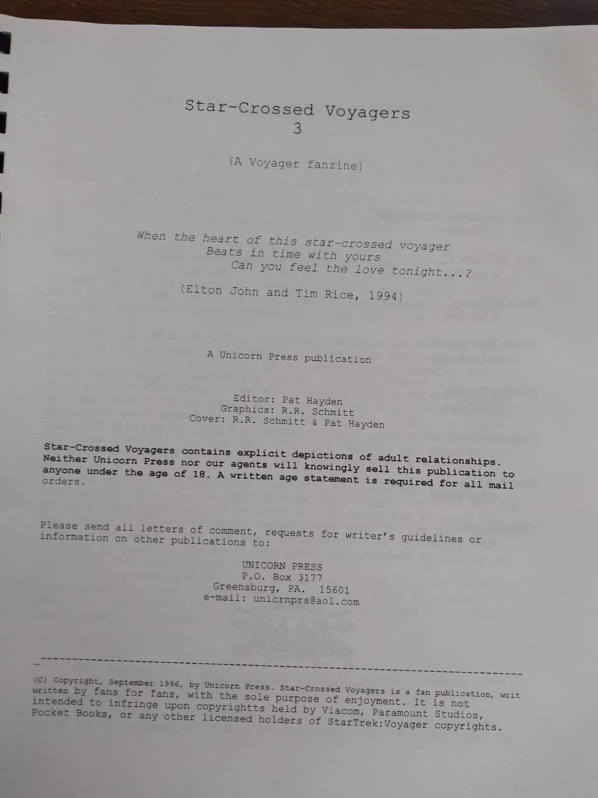 Star Crossed Voyagers 3 Star Trek Voyager Zine Fanzine 1994