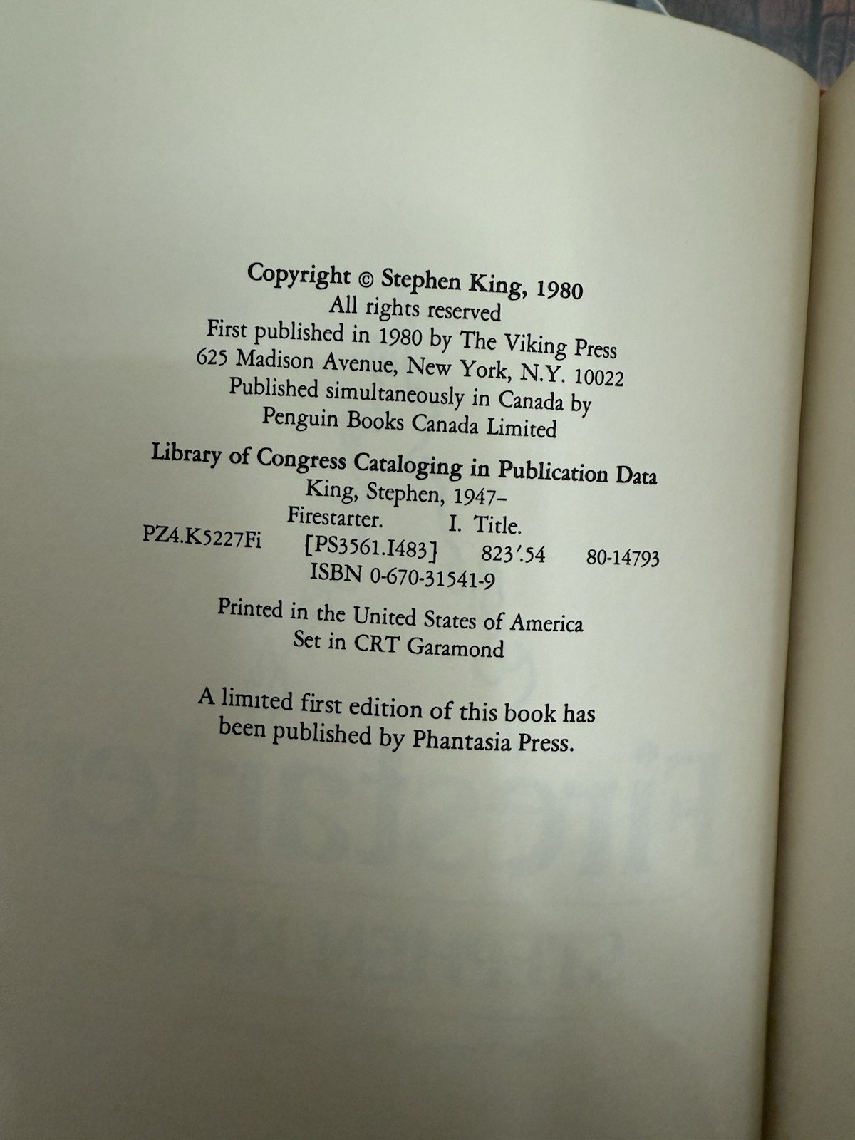 Stephen King FIRESTARTER TRUE 1st Edition/1st Printing Viking Press Hardcover