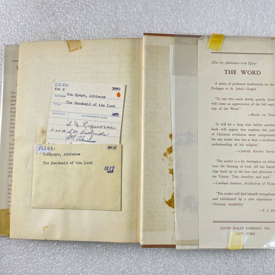The Handmaid of the Lord by Adrienne von Speyr – David McKay 1955 – HC/DJ Ex-Lib