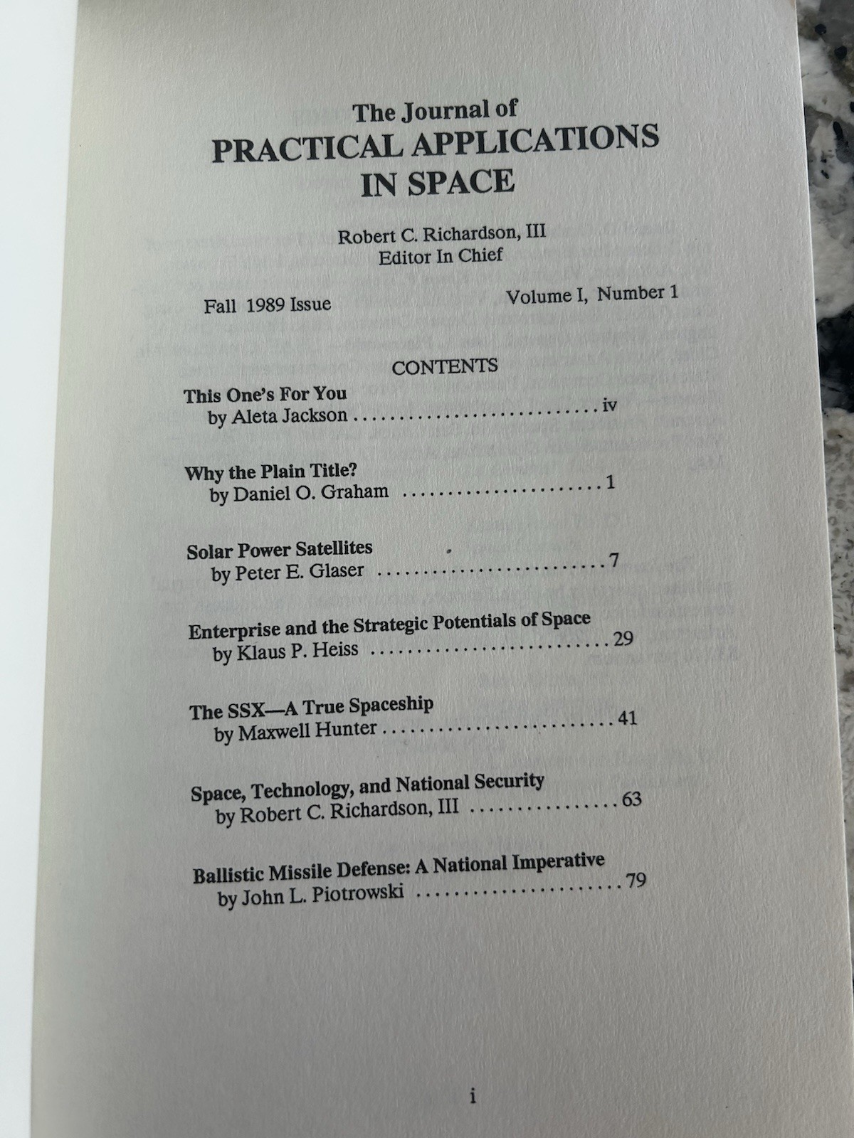 The Journal Of Practical Applications In Space Vol. 1 No. 1 Fall 1989