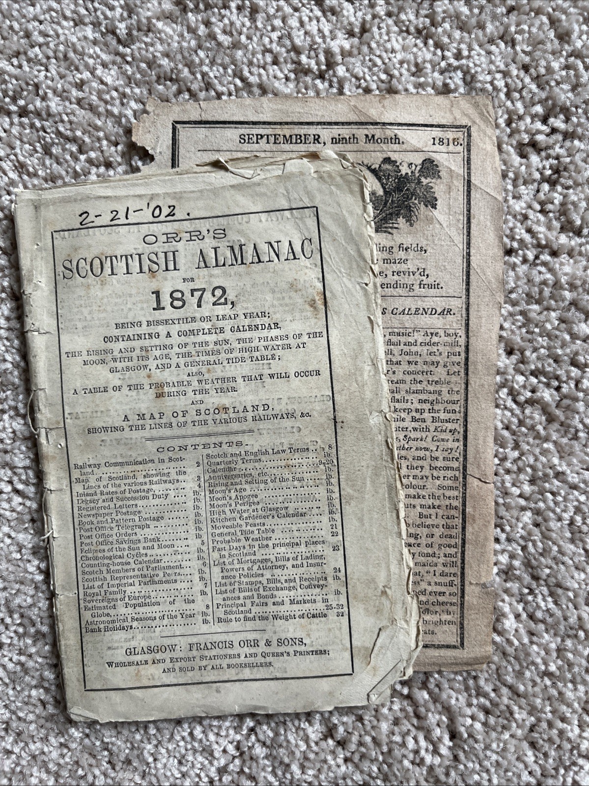 Orr’s Scottish Almanac 1872 – Approx 20 Pages – Ephemera
