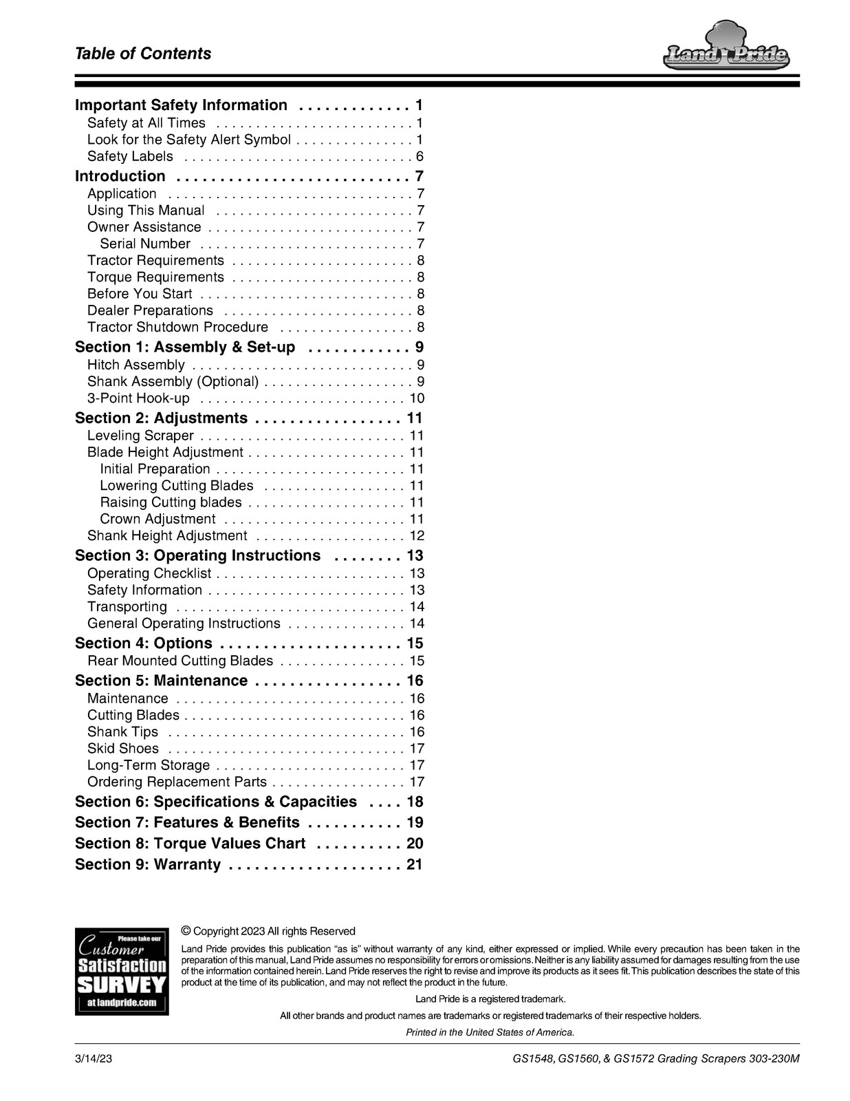 LAND PRIDE GS15 Series Grading Scrapers Operators Manual – WIRE BOUND – COVERS