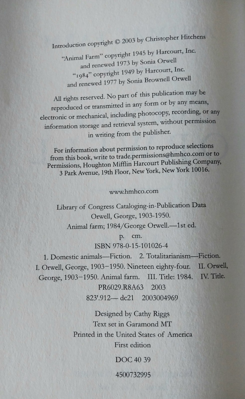 George Orwell – 1984 and Animal Farm – 2003 Edition Introduction by Hitchens