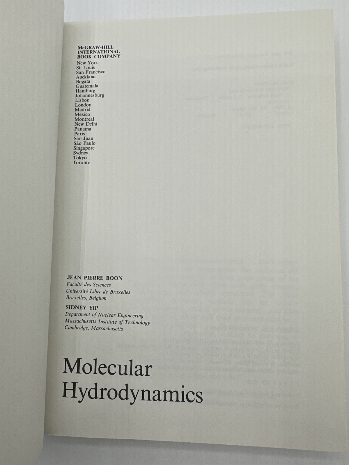 Molecular Hydrodynamics Jean Boon Sidney Yip Hardcover 1980 Rare 415 Pages DJ